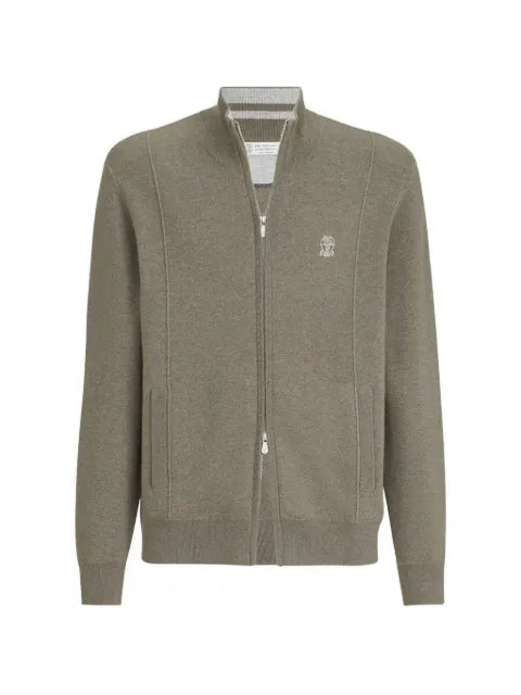 Brunello Cucinelli cashmere double knit cardigan with zipper and logo