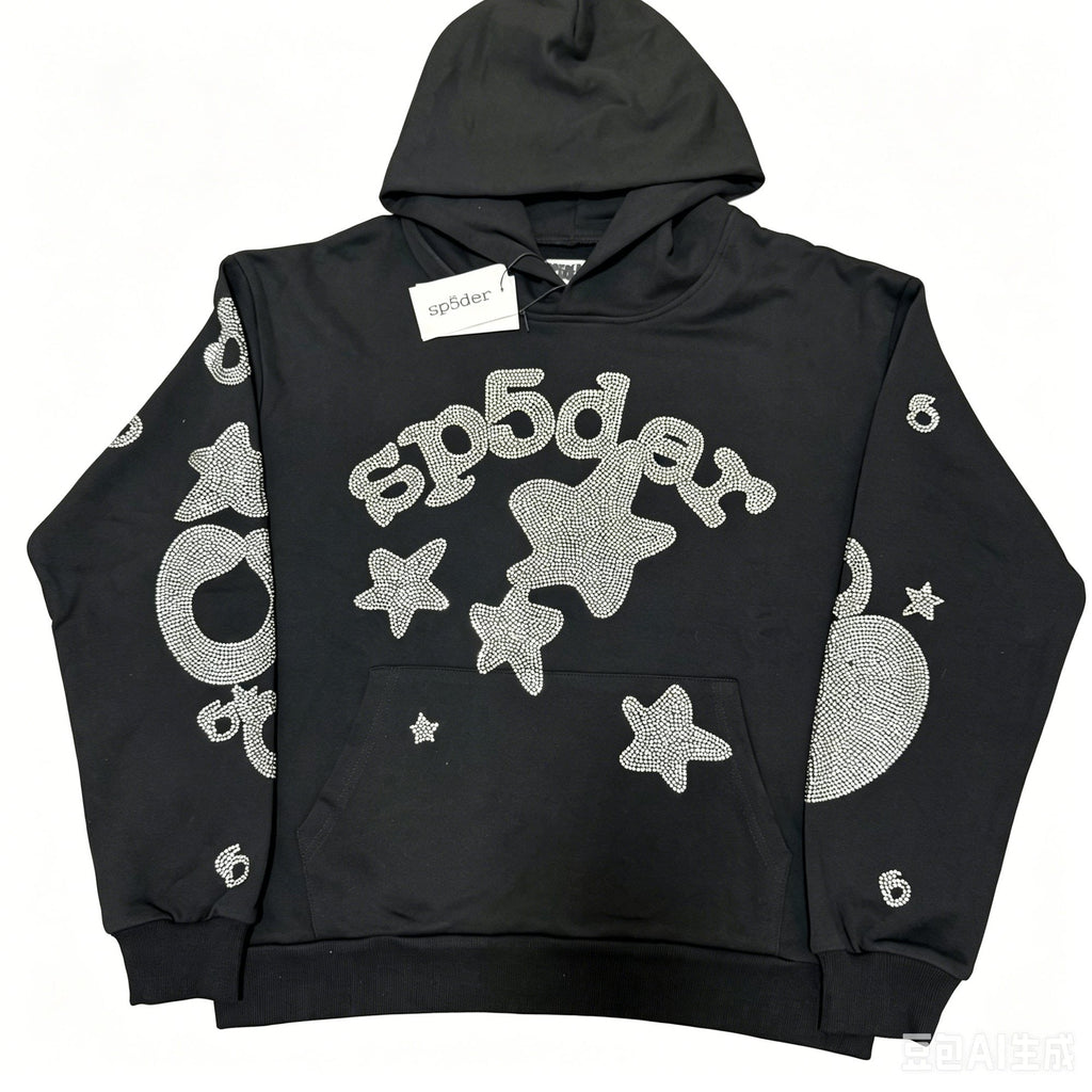 Sp5der Rhinestone-Style Star Graphic Hoodie