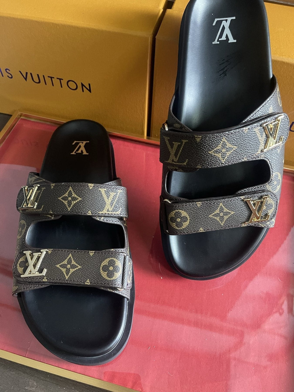 Louis Vuitton Dark Gray Monogram Slide Sandals - Double Monogram-Pattern Straps