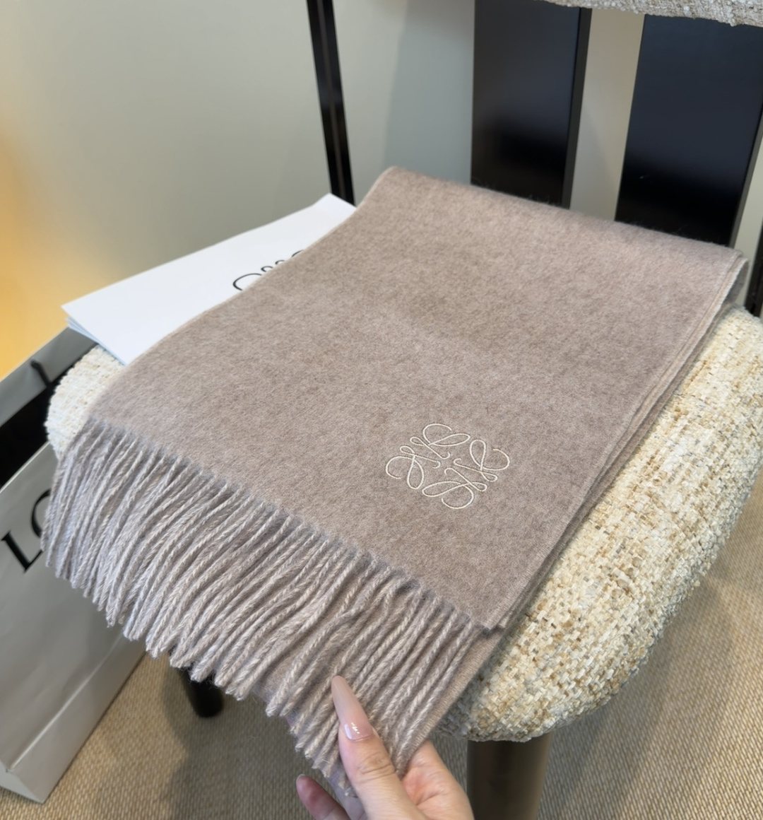 Loewe Taupe Gray and Light Beige Fringed Scarf
