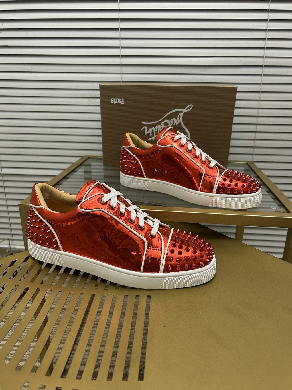 Christian Louboutin Metallic Red Studded Sneakers