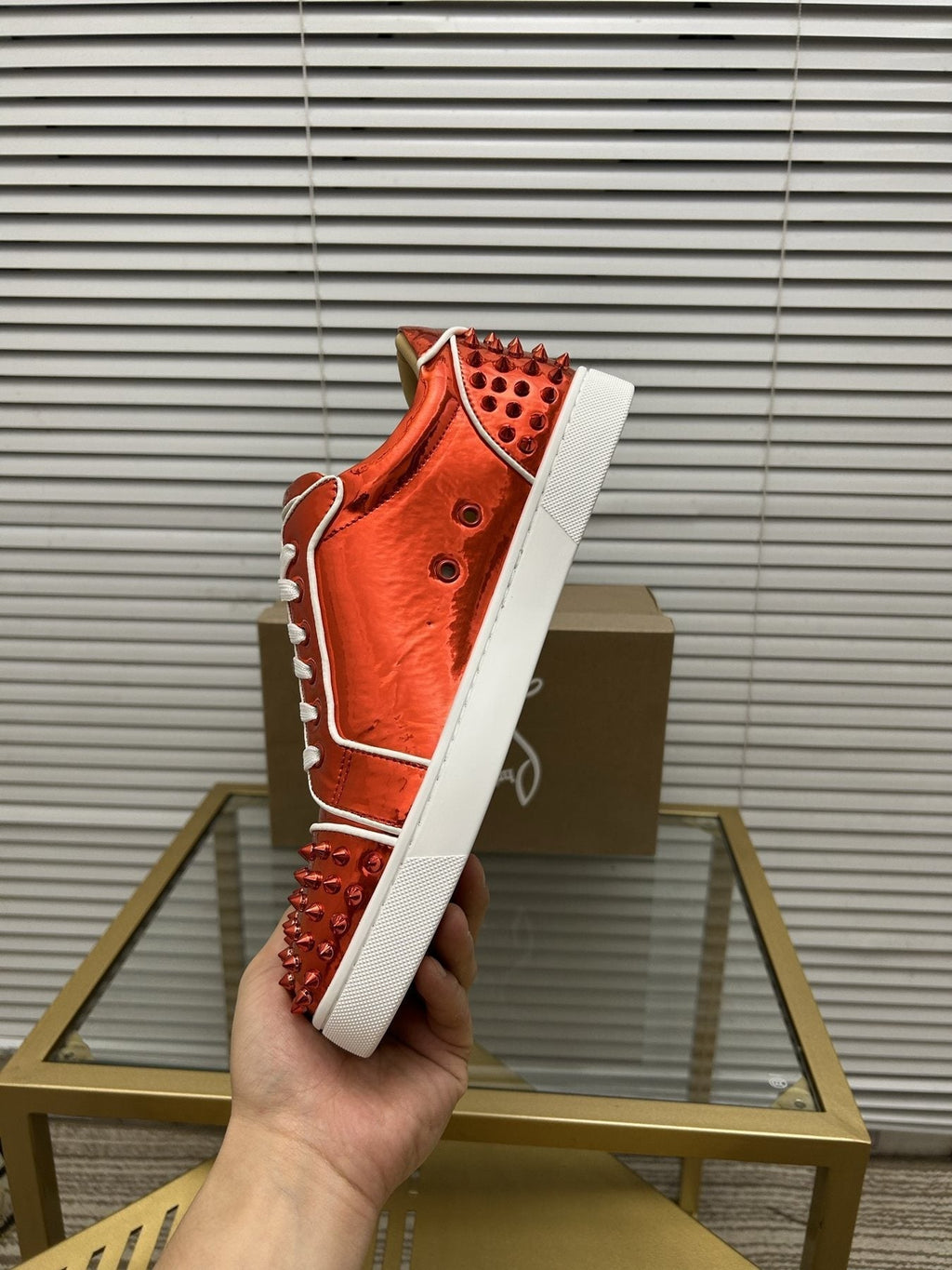 Christian Louboutin Metallic Red Studded Sneakers