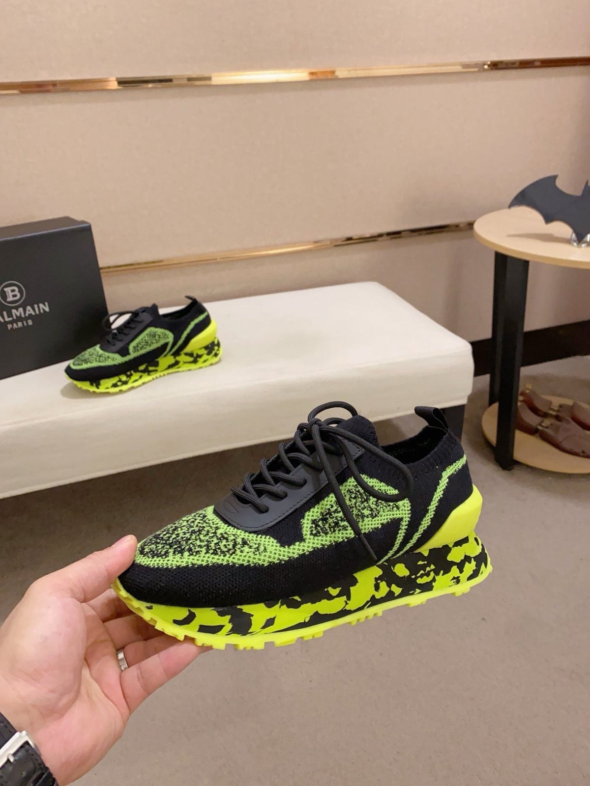 Balmain Neon Lime Knit Low-Top Sneakers - Black and Neon Lime Green
